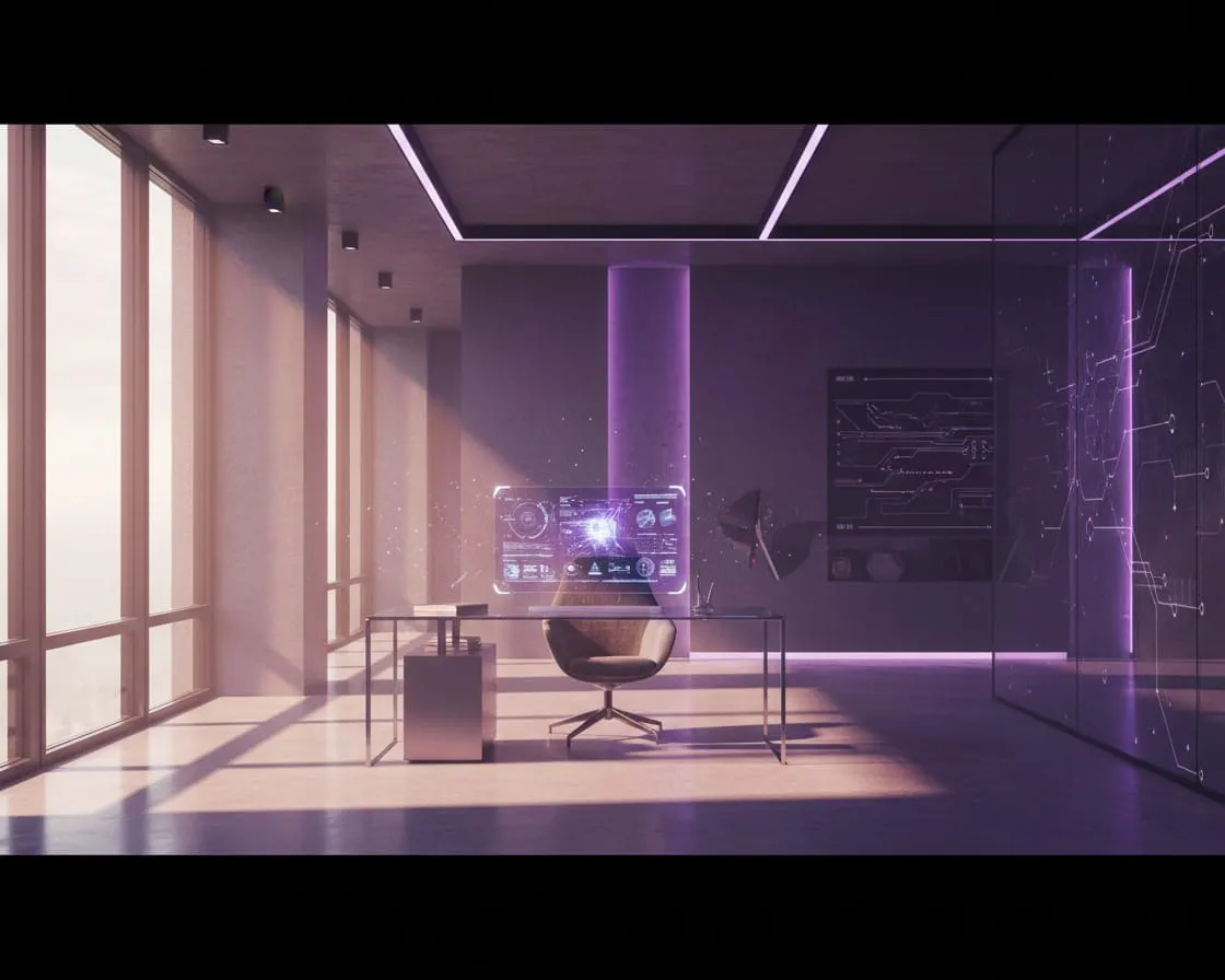 Sunlit studio workspace with a monitor showing an automation dashboard
