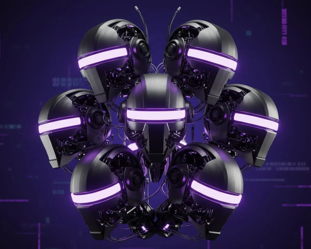 Cluster of glossy dark spheres lit with violet bands, representing a team of agents