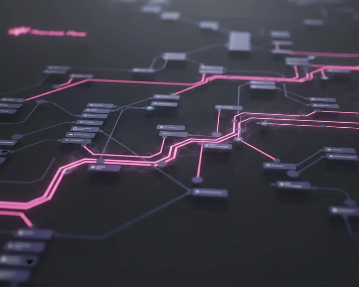Circuit-board style canvas with lit traces tracking automations in flight