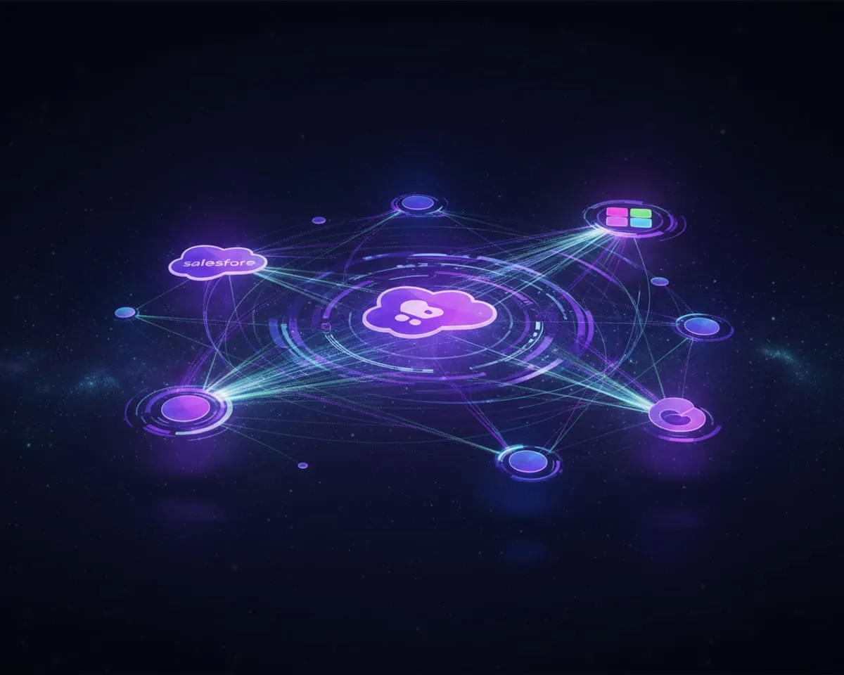 Glowing network of connected nodes orbiting a central hub, representing linked workflows